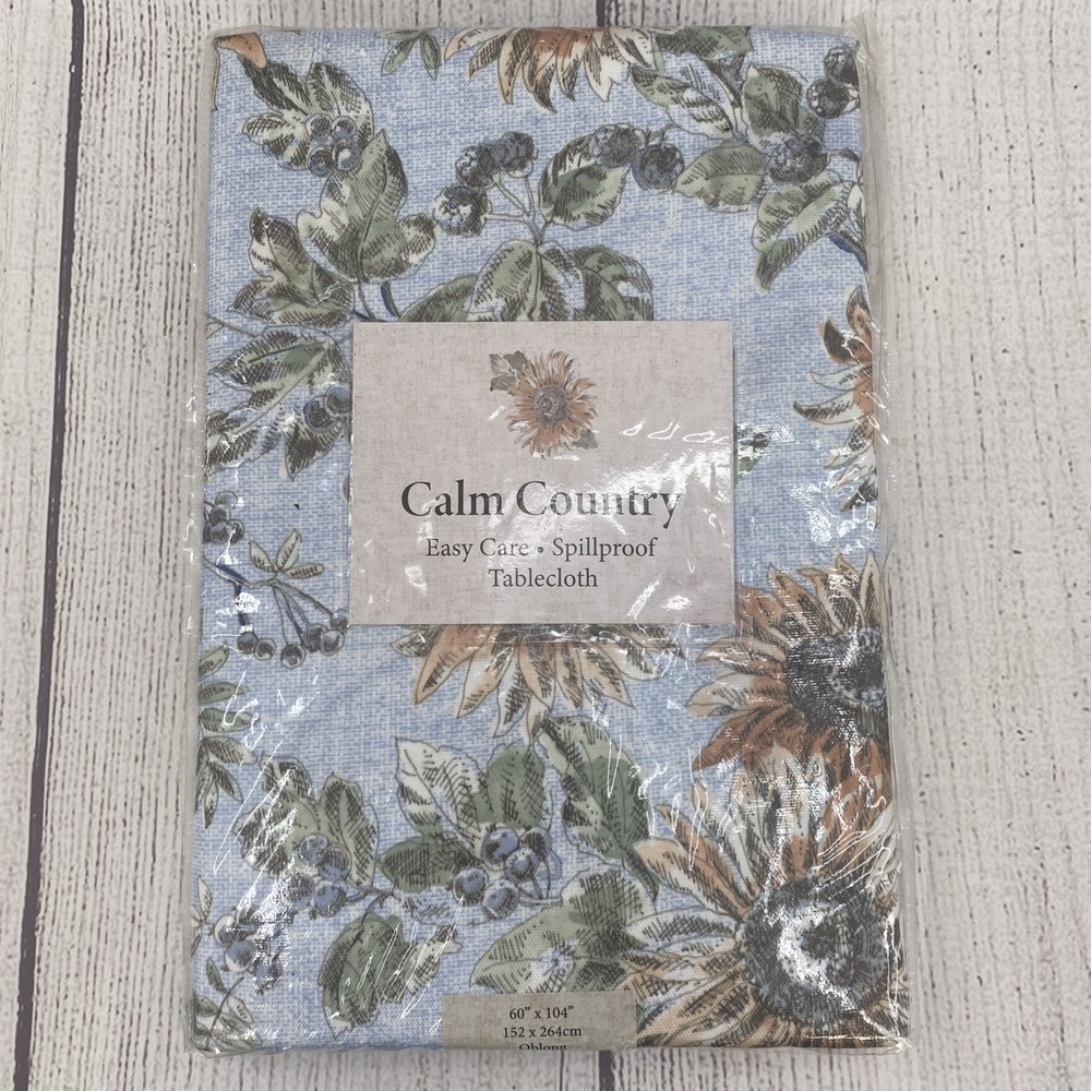 Benson Mills Calm Country Tablecloth 60x104 Blue Sunflowers Bluebirds Easy Care